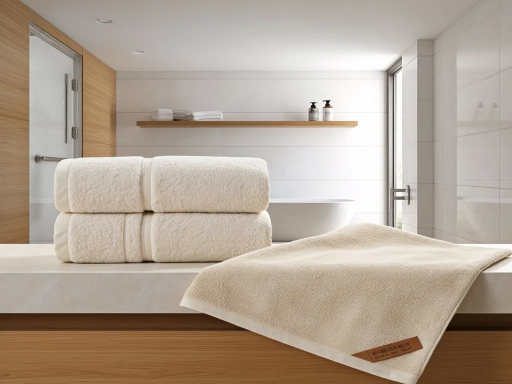 Luxury beige bath towels in a modern bathroom