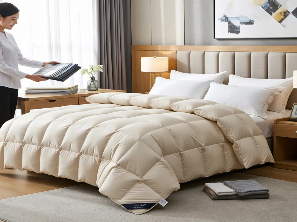 A luxury hotel duvet cover on a bed in a well-lit room