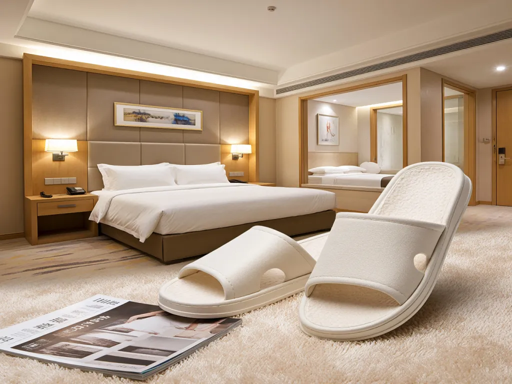 Luxury hotel room featuring disposable slippers