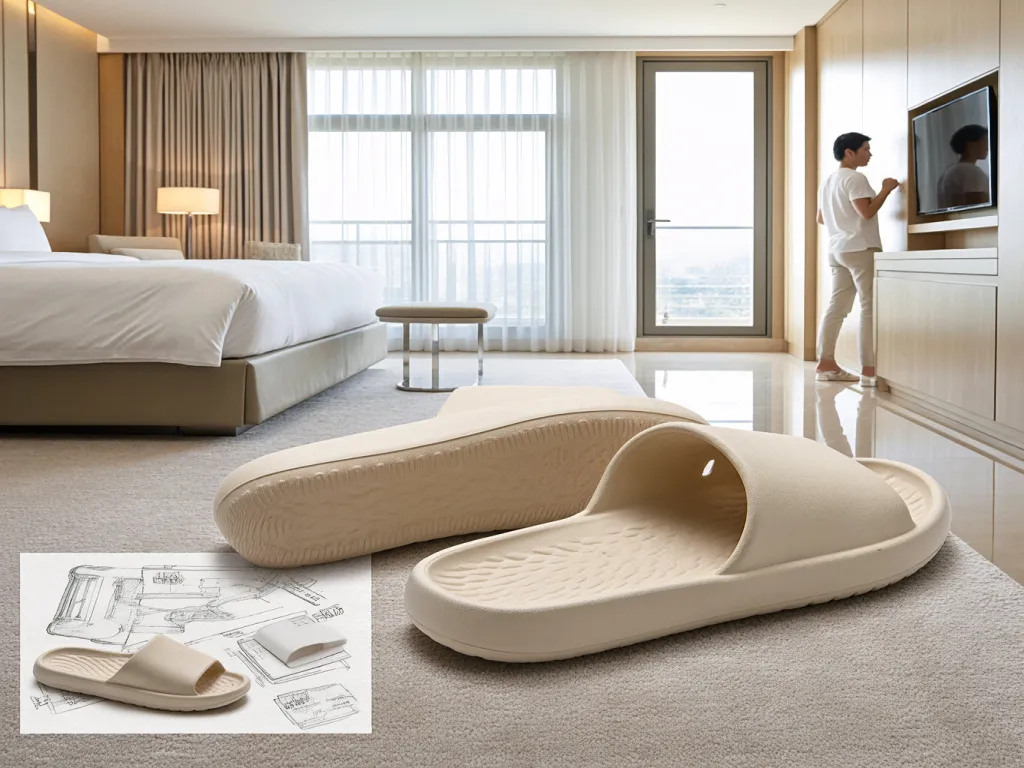 Modern hotel room with disposable slippers