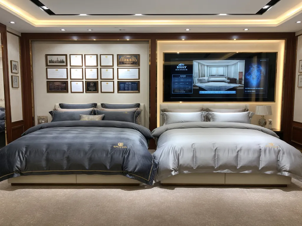 Elegant hotel bedding collection on display