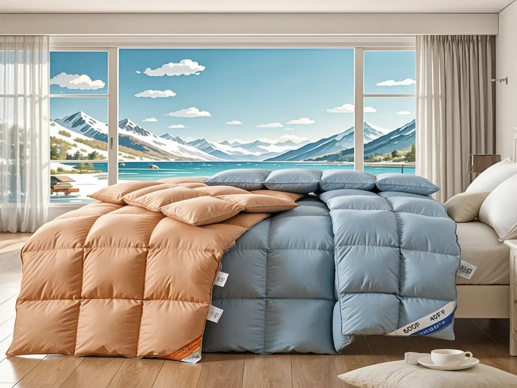 Colorful hotel duvet inserts on a bed with a mountain view