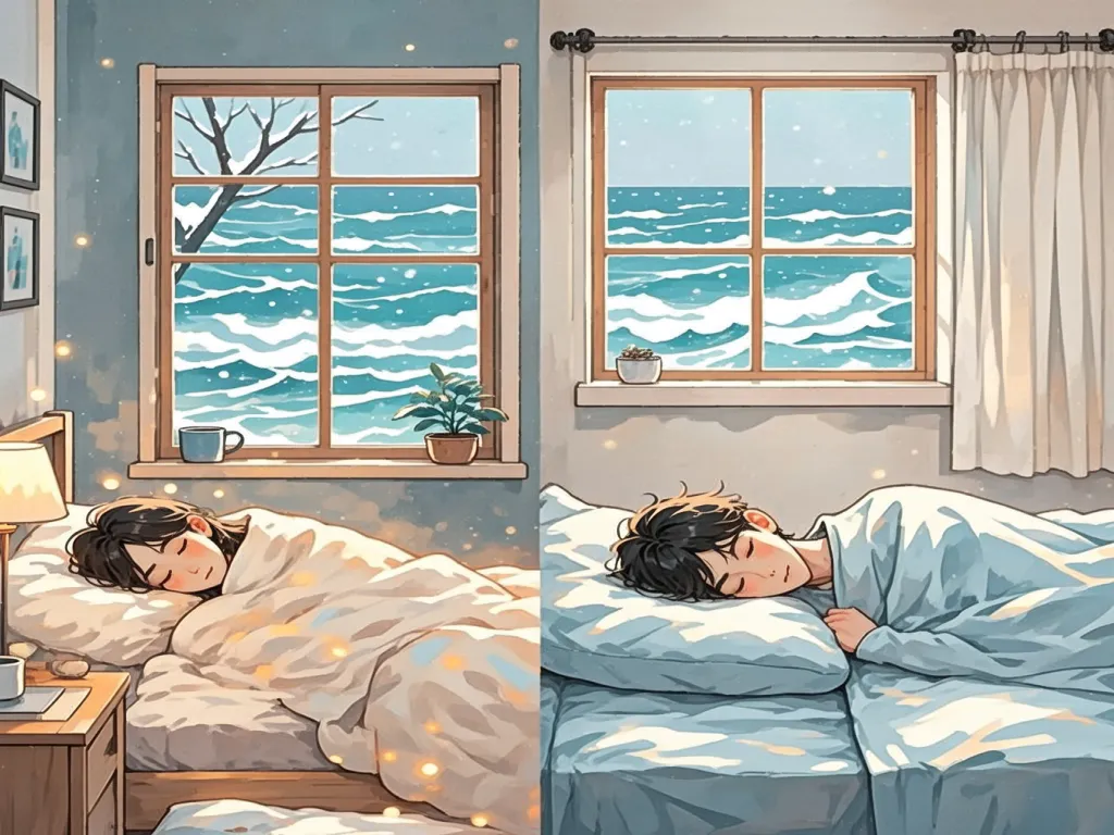 Cozy duvet insert on a bed with an ocean view