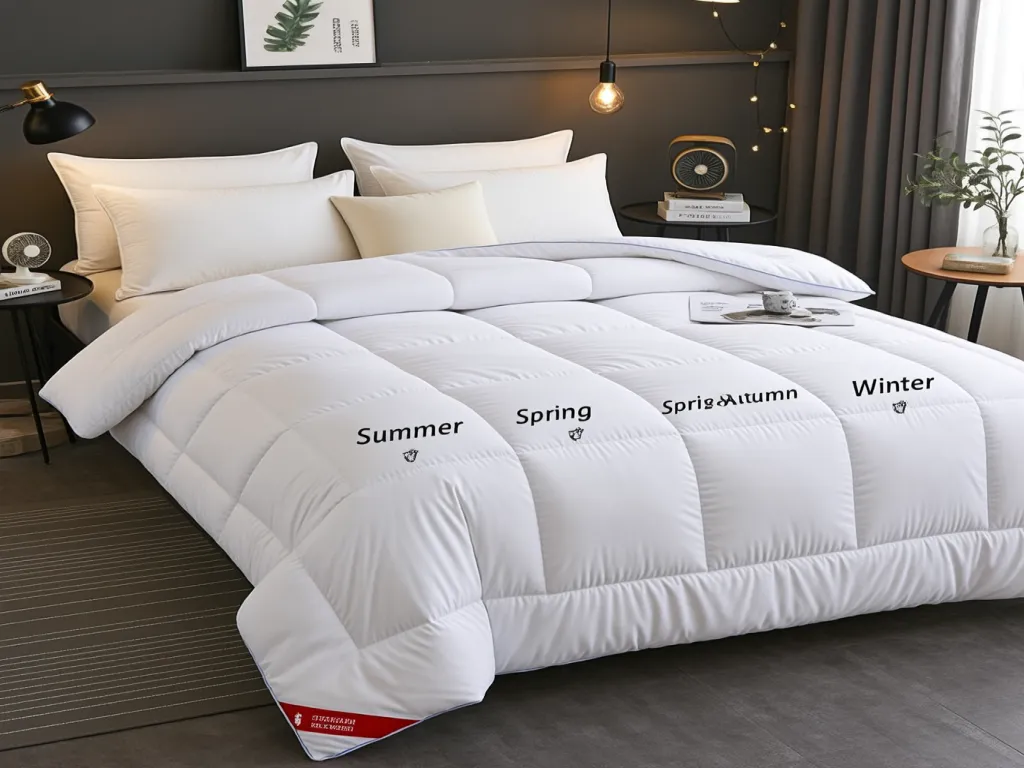 Hotel duvet with seasonal labels indicating use